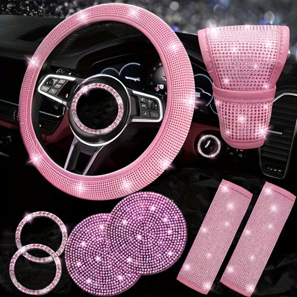 8-Piece Rhinestone Car Interior Accessories Set with Steering Wheel Cover, Coasters and Seat Belt Pads