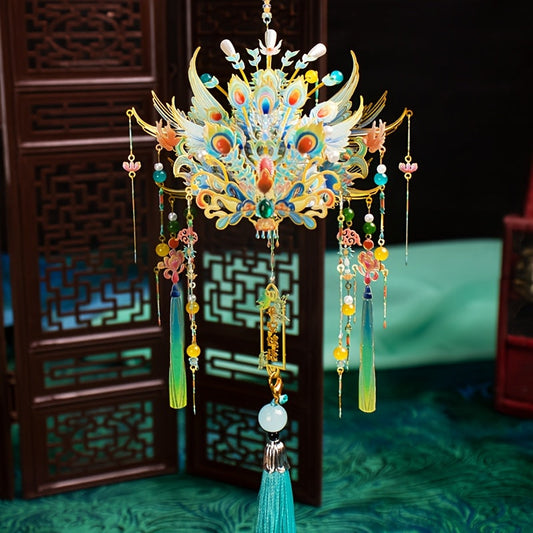 3D Metal Puzzle Phoenix Crown Qingluan – Blue & Gold DIY Assembly with Beads & Tassels, Chinese Mythology Art Collectible