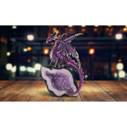 Dragon Figurine Purple Dragon Guarding Crystal Cave Statue 5.5 Inch Polyresin Sculpture Collectible Home Decor for Bookshelf Office Living