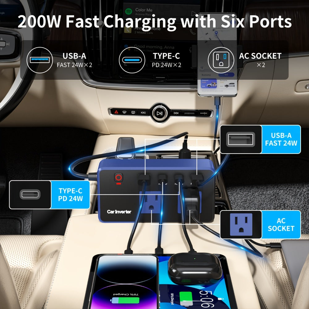 200W Car Power Inverter DC 12V to 110V AC with PD 24W USB-C Port, Dual USB & QC3.0 Fast Charging, Multi-Protection Car Charger Adapter