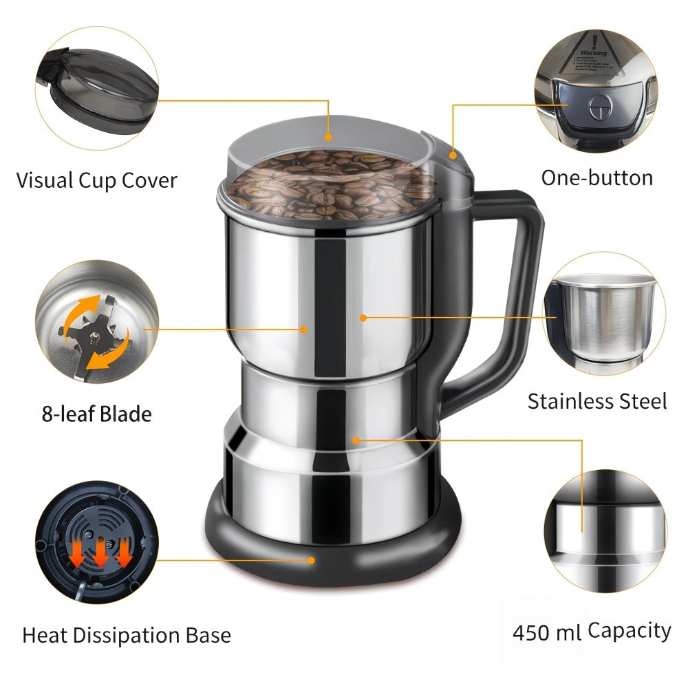 Electric Coffee Grinder 300W 25000RPM, 8-Blade Stainless Steel Spice & Grain Mill for Coffee Beans