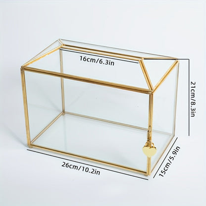Wedding Card Box with Lock Glass Gold Transparent Slot Lid 10.2x5.9x8.3 In Holds 100 Cards for Wedding Baby Shower Birthday Party