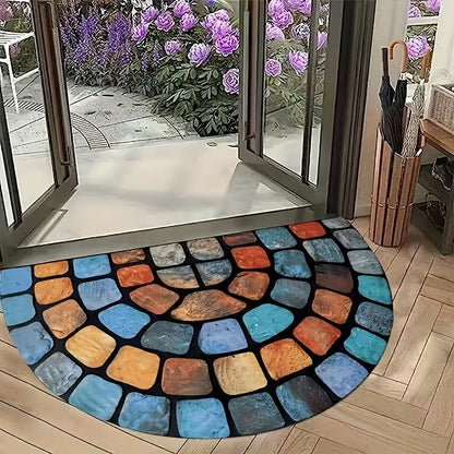 Half-Round Mosaic Bath Mat in Blue or Yellow Microfiber, 16 x 24 and 20 x 32-Inch Size Options