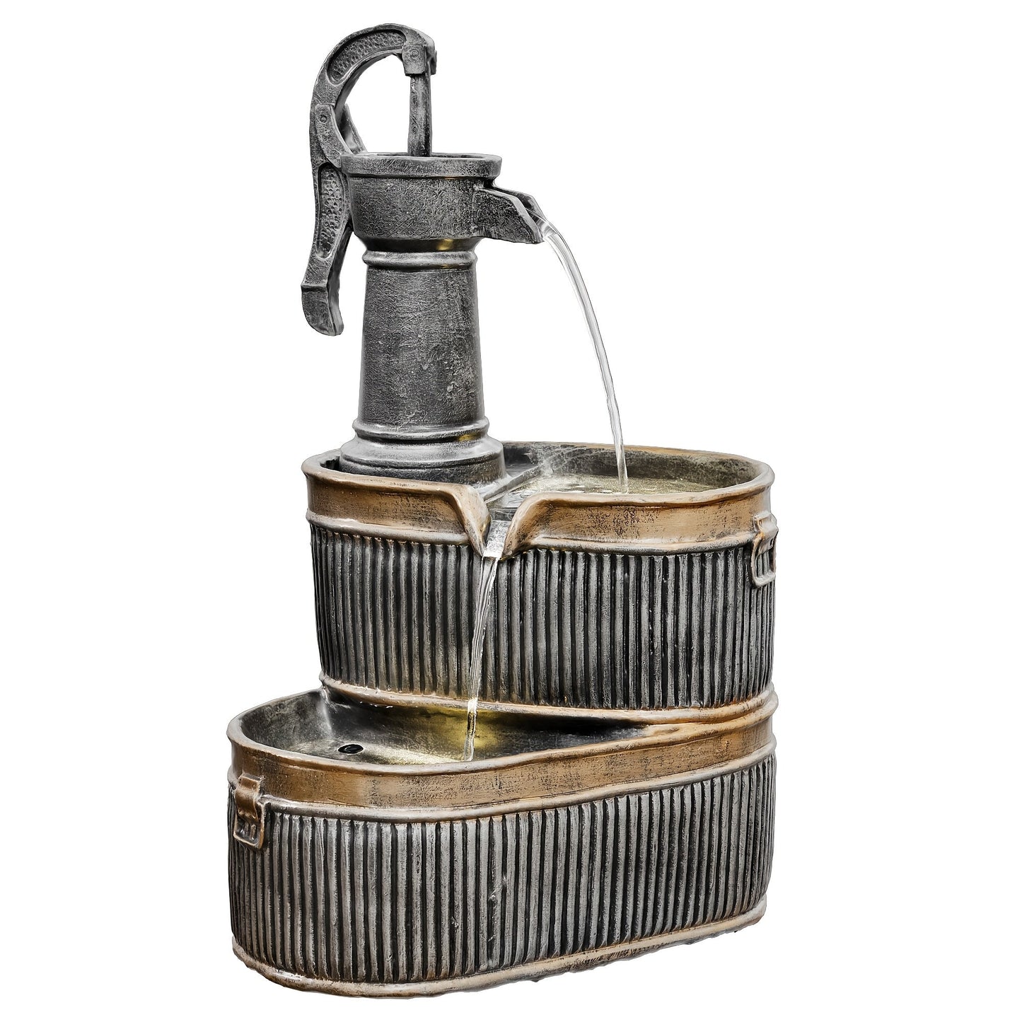Outdoor Water Fountain 2-Tier Barrel with LED Light & Pump - Rustic Resin Garden Fountain for Patio