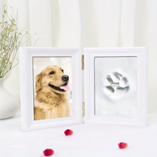 Pet Paw Print Frame Kit with Clay Impression – Wooden Photo Frame Keepsake for Dogs & Cats, Tabletop Memorial Gift