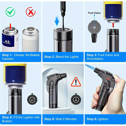 Butane Torch Lighter 6pcs Big Jet Flame Refillable & Adjustable Mini Blow Torch - Gift Box Set for Camping