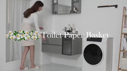 Enclosed Freestanding Toilet Paper Storage Bin with Fabric Sides, Bamboo-Look Rim and Fitted Lid in White