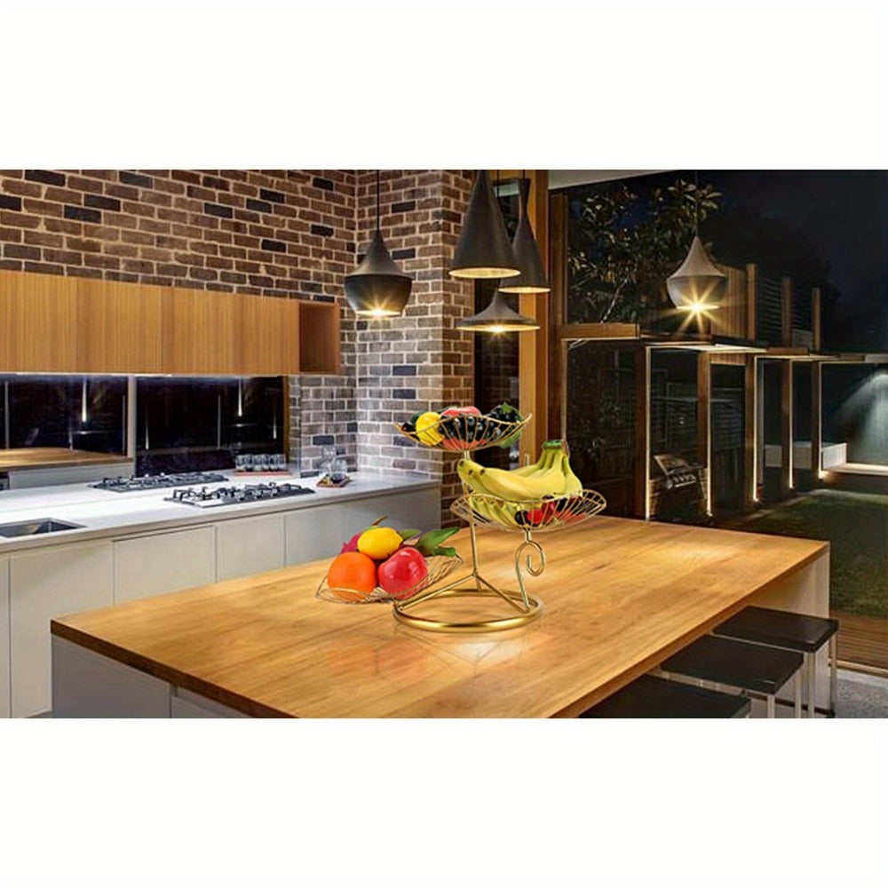 Fruit Basket Stand 3-Tier Decorative Iron Metal Wire Fruit Bowl with Lotus Leaf Design, Countertop Holder for Fruits Vegetables Bread