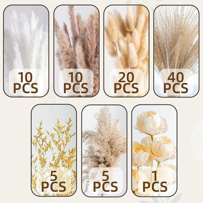 Dried Flower Bouquet Pampas Grass with Artificial White Beige Roses 51 91pcs Boho Dried for Entryways, Bedrooms and Living Spaces