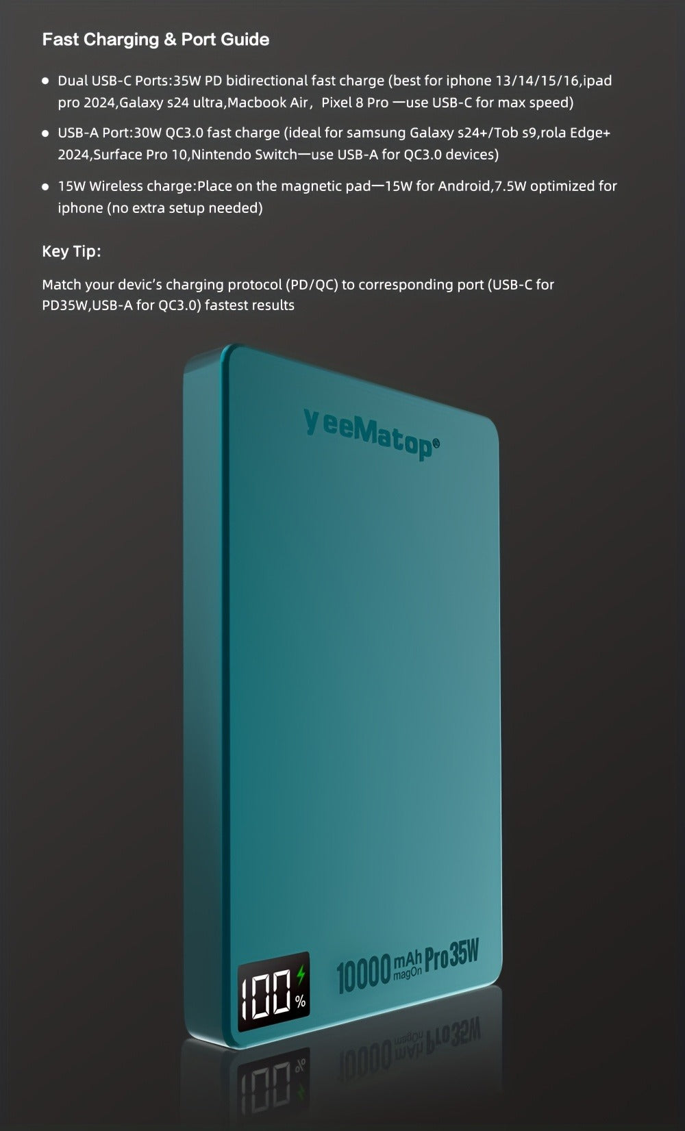 10000mAh Thin Magnetic Power Bank with 35W USB-C and 30W USB-A Port Markings in Four Colors