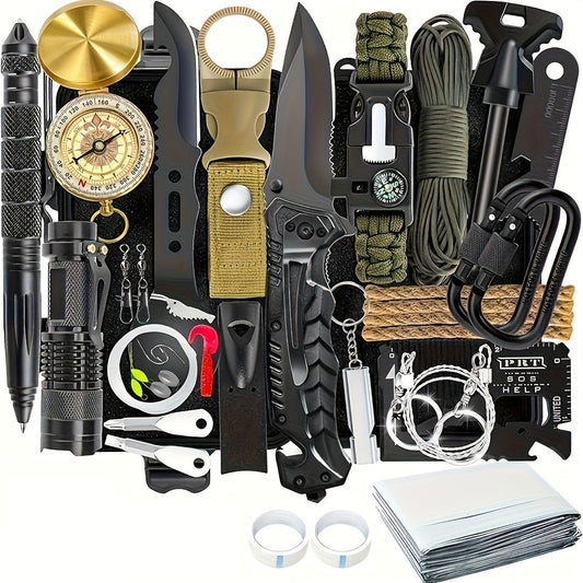 37-in-1 Black Outdoor Tool Kit with Fire-Starting Accessories, Whistle, Compass and Storage Case