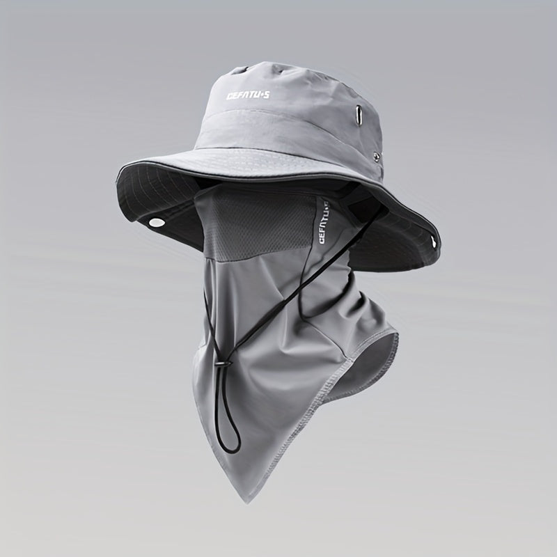 Wide Brim Sun Hat with Face Mask 2-Set UV Protection Foldable Fishing Hat, Breathable Drawstring Outdoor Cap for Beach, Fishing