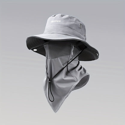 Wide Brim Sun Hat with Face Mask 2-Set UV Protection Foldable Fishing Hat, Breathable Drawstring Outdoor Cap for Beach, Fishing