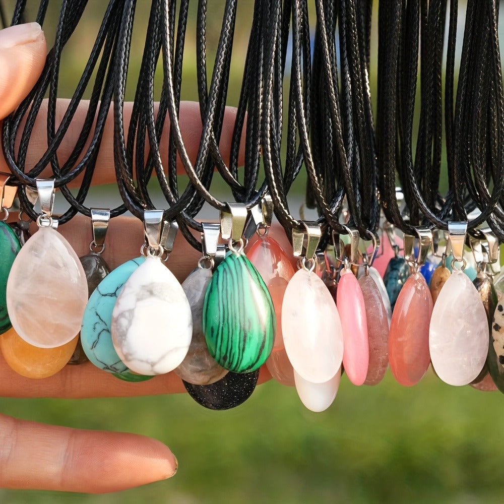 Crystal Pendant Necklace Set 40-Pack – Multicolor Water Droplet Artificial Crystal Pendants with Faux Leather Cord