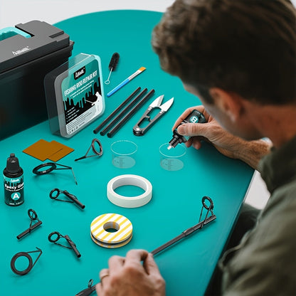 Fishing Rod Repair Kit with Top Rings Guides AB Epoxy Glue Winding Line Textured Paper Complete Rod Break Fix Set Iron Rod Guides