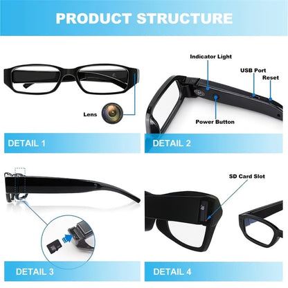 13B Clear-Lens Camera Glasses in Black with Thick Temples and 32GB or 64GB TF Card Bundles