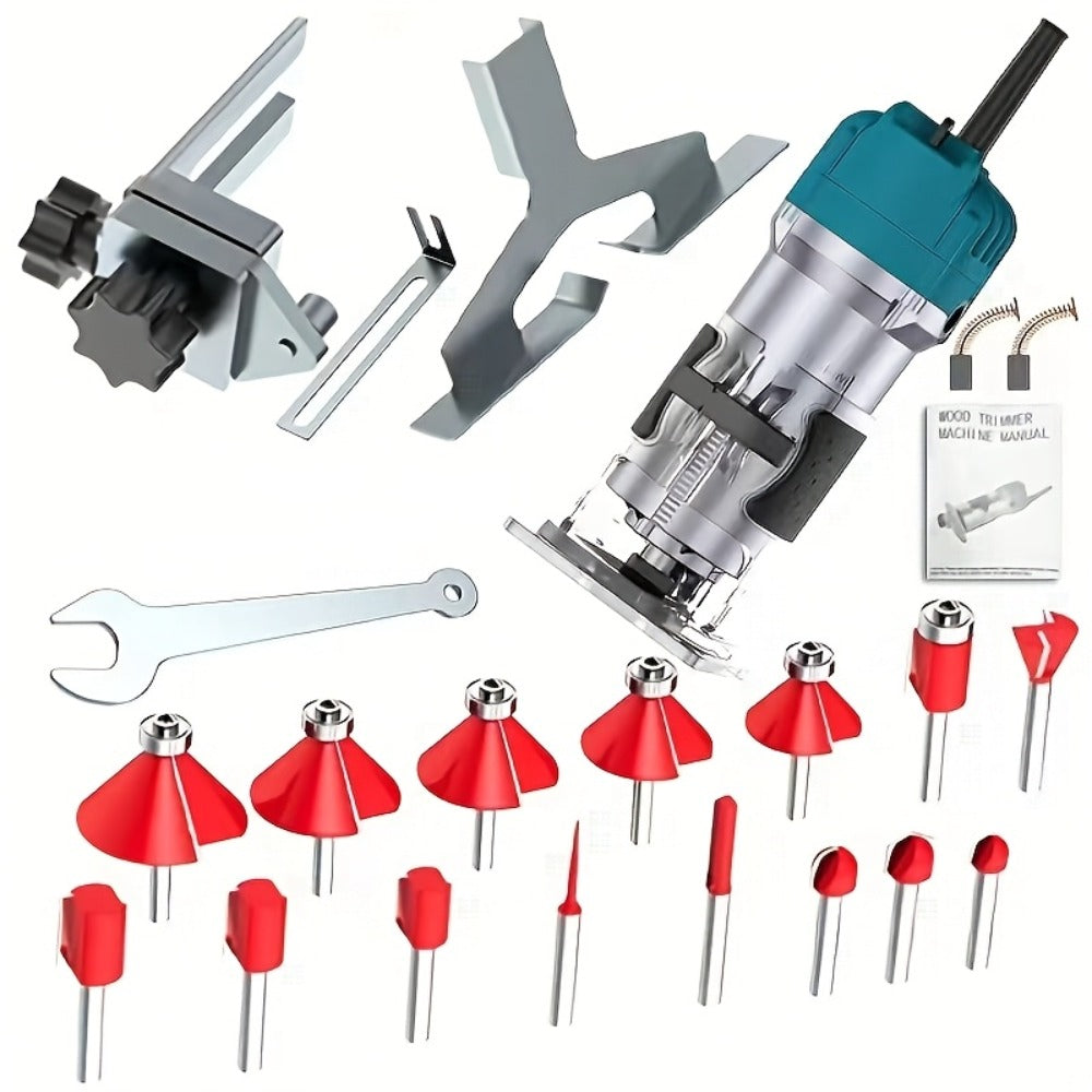 Wood Router Carving Machine Electric Trimmer, Wood Slotting, Drilling & Engraving Tool with Optional 15pc Milling Cutter Set