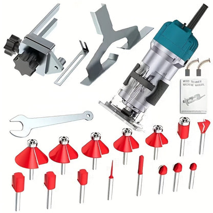 Wood Router Carving Machine Electric Trimmer, Wood Slotting, Drilling & Engraving Tool with Optional 15pc Milling Cutter Set