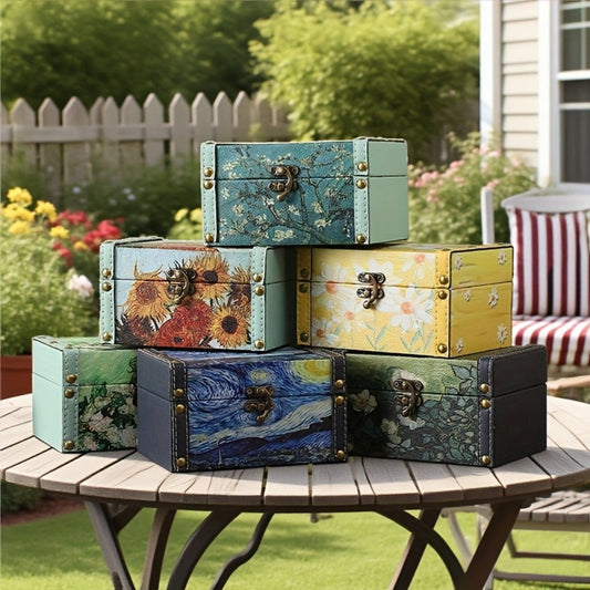 Wooden Storage Box with Lid Vintage Floral Design, Dust-Proof Decorative Trinket Box for Tabletop Jewelry Keepsake Organization