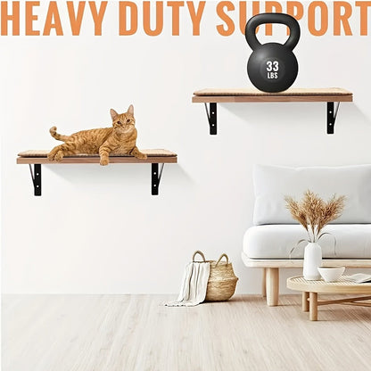 Wall-Mounted 40x30cm Cat Shelf with Beige Sisal Mat, 2cm Wood Platform and Two Metal Brackets