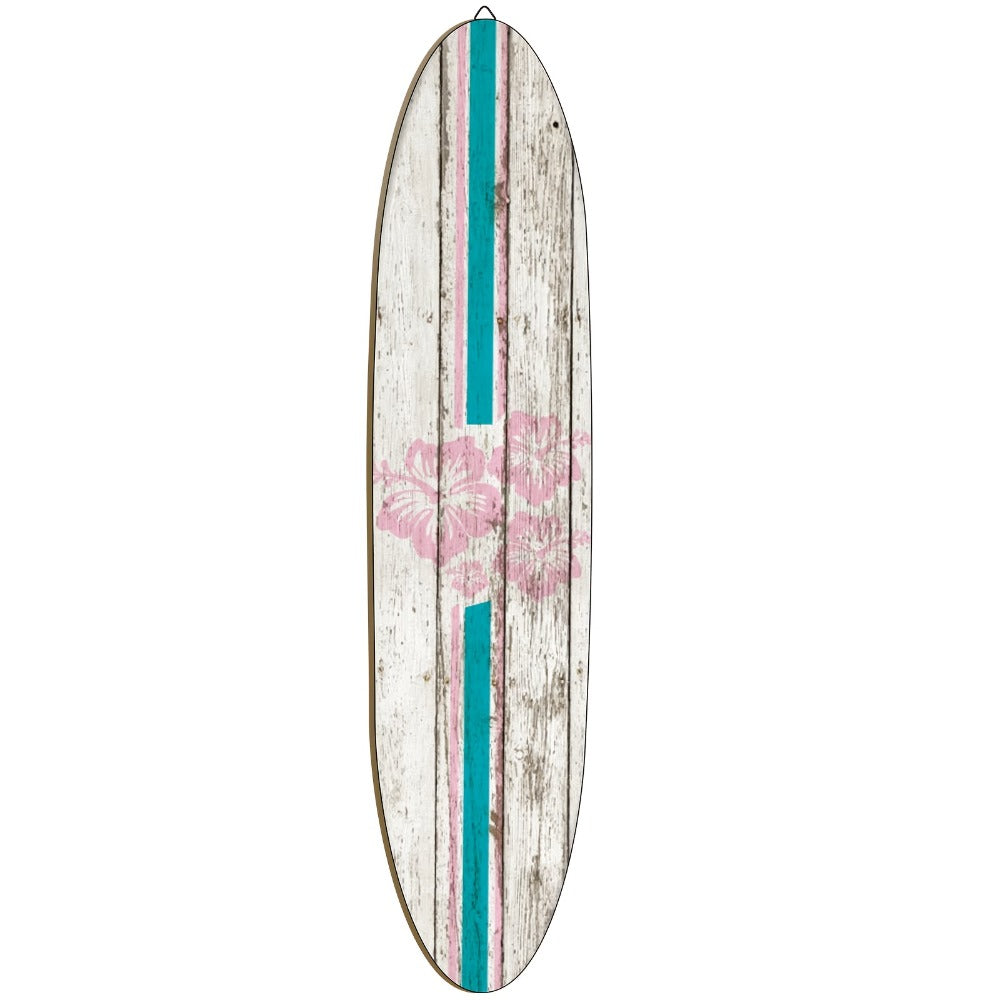 Wooden Surfboard Wall Art 15.74", Rustic Tropical Beach Decor with Hibiscus & Tiki Mask Design
