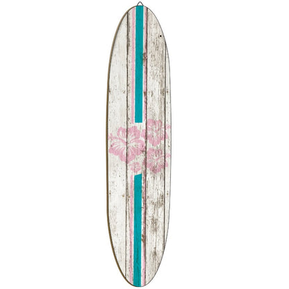 Wooden Surfboard Wall Art 15.74", Rustic Tropical Beach Decor with Hibiscus & Tiki Mask Design