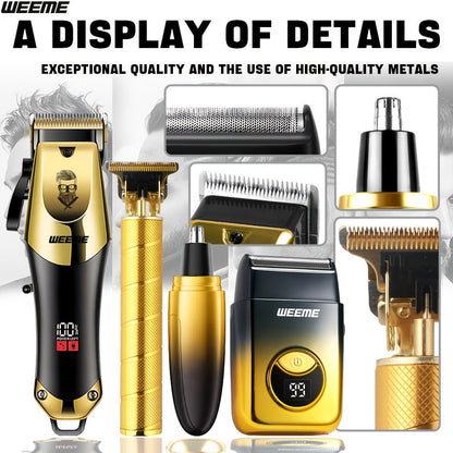 Men's Grooming Kit USB Rechargeable Hair Clipper Set with Nose Trimmer Electric Shaver Detail Trimmer 8 Limit Combs Professional Haircut Kit