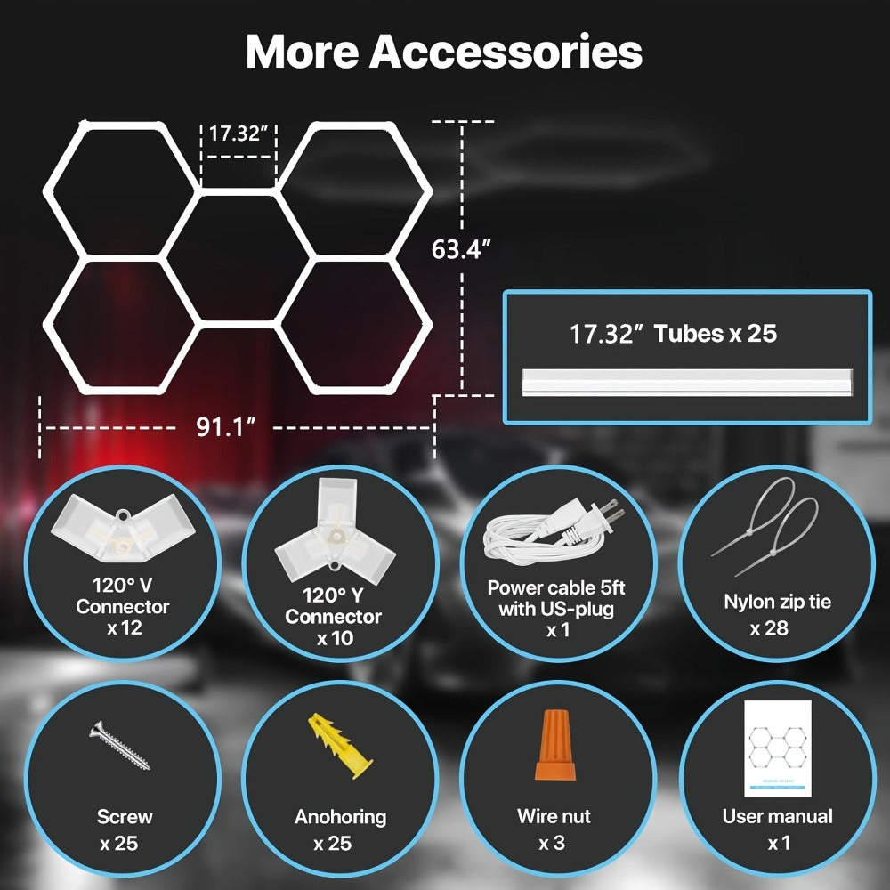 LED Hexagonal Garage Light 6500K, Super Bright Daylight White Shop Light 42W, 620W for Auto Detailing