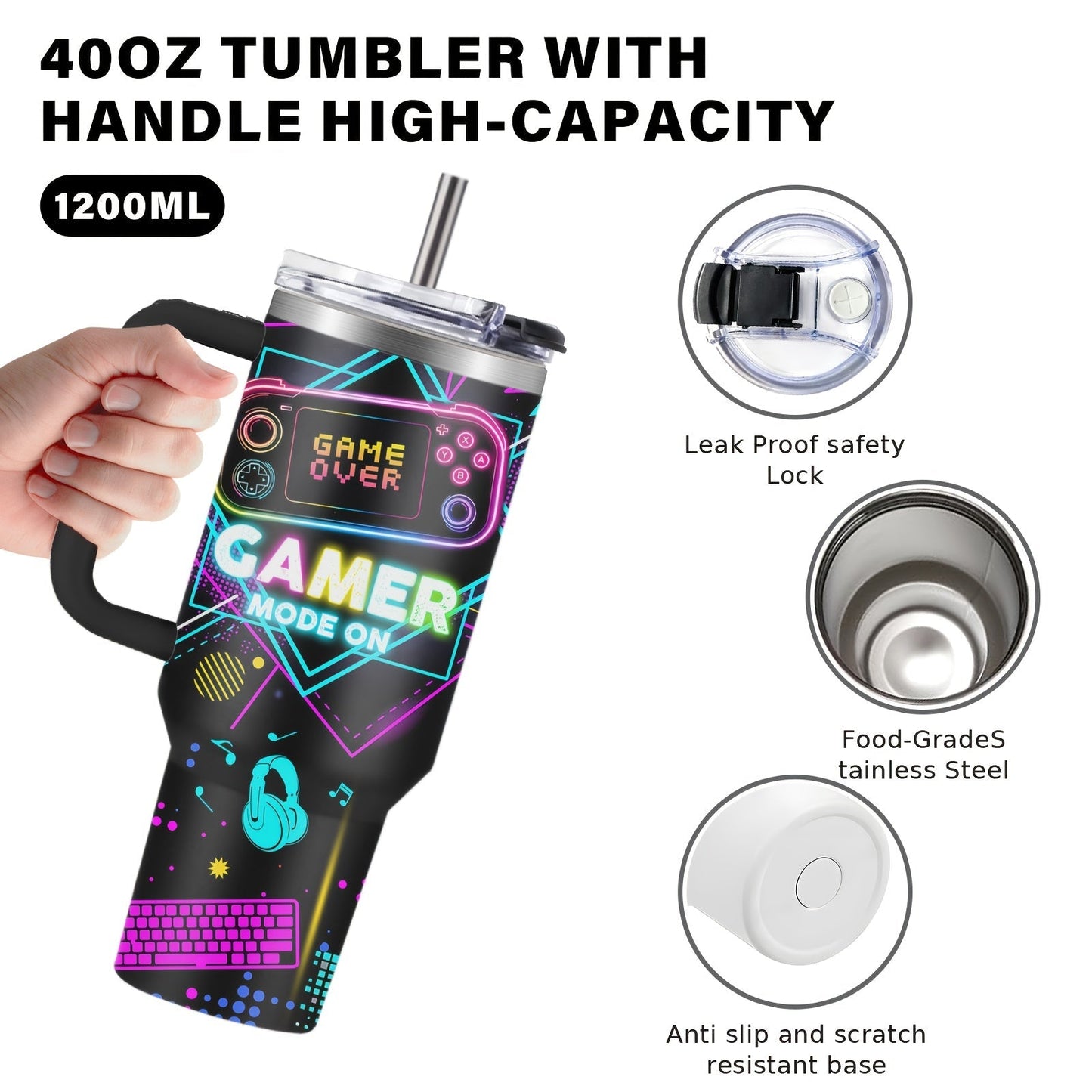 Gamer Tumbler 40oz with Lid & Straw – Insulated Gaming Cup Gift for Men, Boys & Teen Gamers – Double Wall Vacuum Tumbler for Hot & Cold