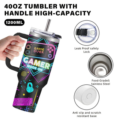 Gamer Tumbler 40oz with Lid & Straw – Insulated Gaming Cup Gift for Men, Boys & Teen Gamers – Double Wall Vacuum Tumbler for Hot & Cold