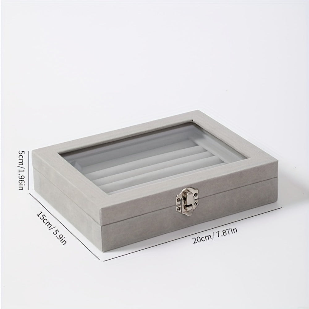Jewelry Box with Locking Lid – 49-Ring Capacity Glass-Like Plastic Ring & Earring Organizer, Large Rectangular Storage Case