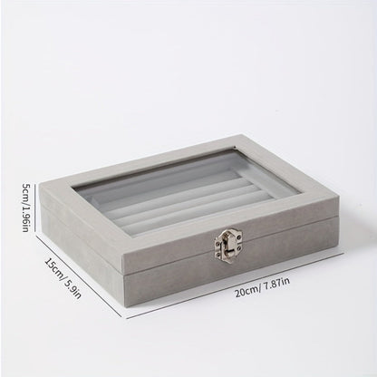 Jewelry Box with Locking Lid – 49-Ring Capacity Glass-Like Plastic Ring & Earring Organizer, Large Rectangular Storage Case