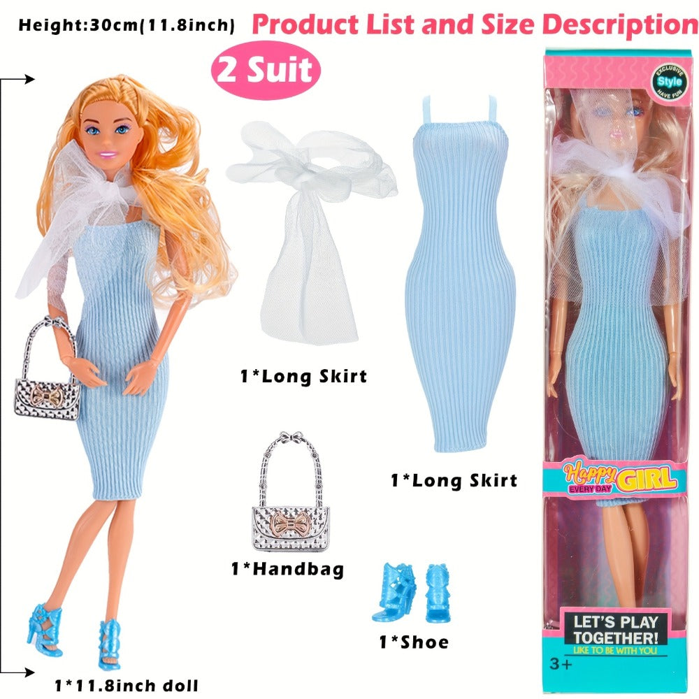 Six-Piece 11.5-Inch Fashion Doll Set with Mixed Outfits, Handbags, Hats, Necklaces and Suitcase Accessories