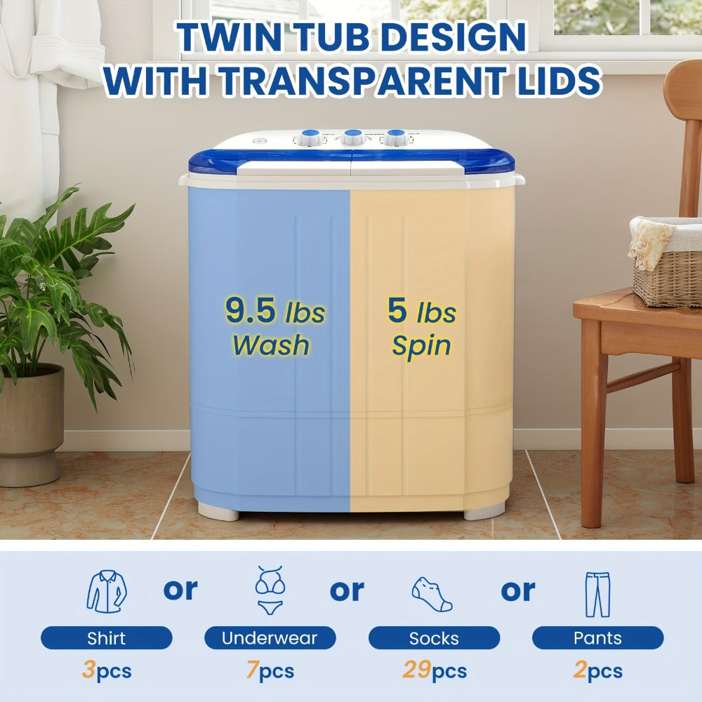 Portable Washing Machine Mini Twin Tub Washer Spin Dryer Combo Semi- Wash Spin Gravity Drain for Entryways, Bedrooms and Living Spaces