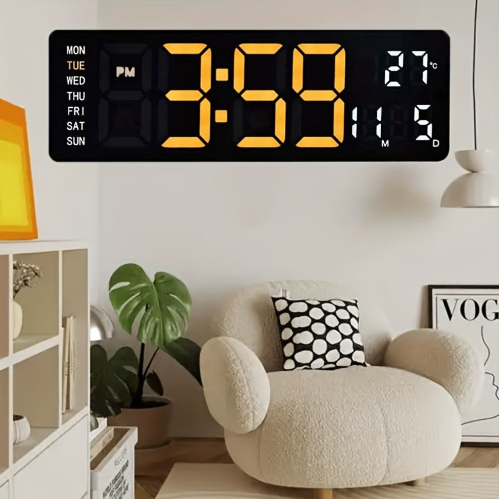 Large Digital Wall Clock 16 Inch LED Color Display, Smart Auto-Dimming 10-Level Brightness, Time Temperature Humidity Monitor
