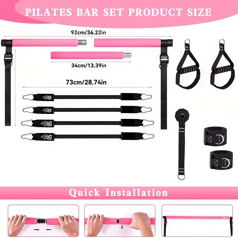 Pilates Bar Kit 14pcs with Resistance Bands & Tension Belt – Multifunctional Fitness Pedal Puller Stick for Home Yoga Stretch Training