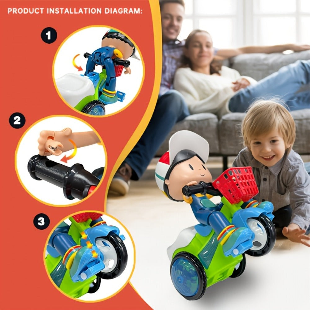 Kids Electric Tricycle Toy Motorcycle with 360° Rotation & Luminous Lights, Push & Power Dual-Mode Stunt Vehicle for Toddlers Boys Girls