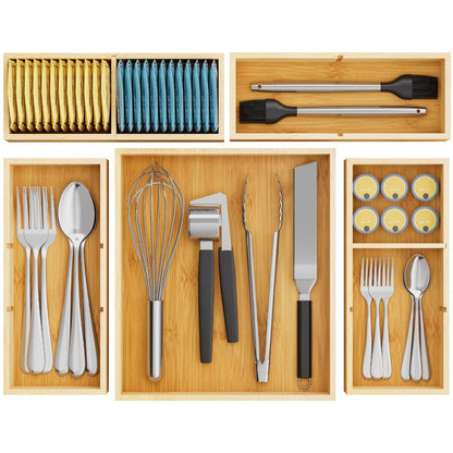 Bamboo Drawer Organizer 10 Pack, Adjustable Stackable Drawer Dividers Bins for Kitchen Utensils, Silverware