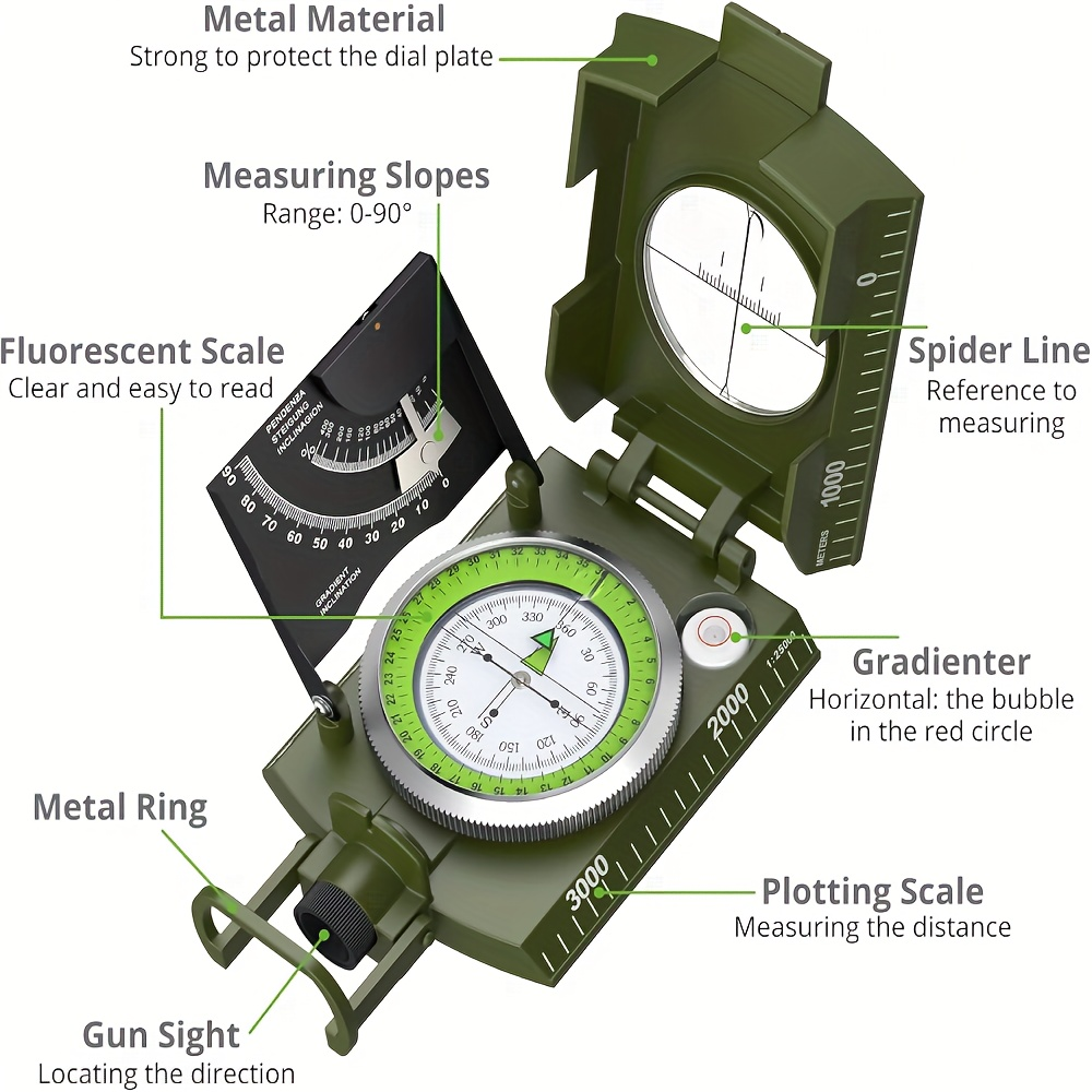 Survival Compass with Inclinometer & Carrying Bag – Sighting Compass for Camping, Hiking, Hunting, Geology & Navigation Activities (Green
