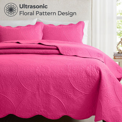 Floral-Pattern Three-Piece Bedspread Set in 16 Colors with Twin, Queen, King and California King Sizes