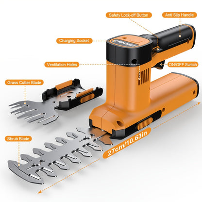 Electric Hedge Trimmer 2-in-1 Cordless with Rechargeable Lithium Battery, Brushless Motor Pruning Shears & Grass Shrub Cutter for Garden