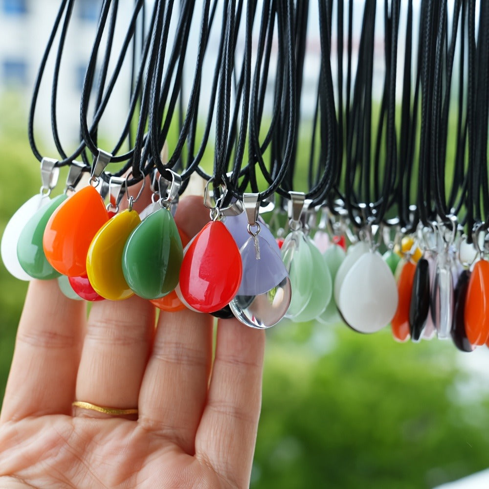 Crystal Pendant Necklace Set 40-Pack – Multicolor Water Droplet Artificial Crystal Pendants with Faux Leather Cord