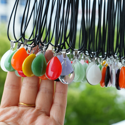Crystal Pendant Necklace Set 40-Pack – Multicolor Water Droplet Artificial Crystal Pendants with Faux Leather Cord