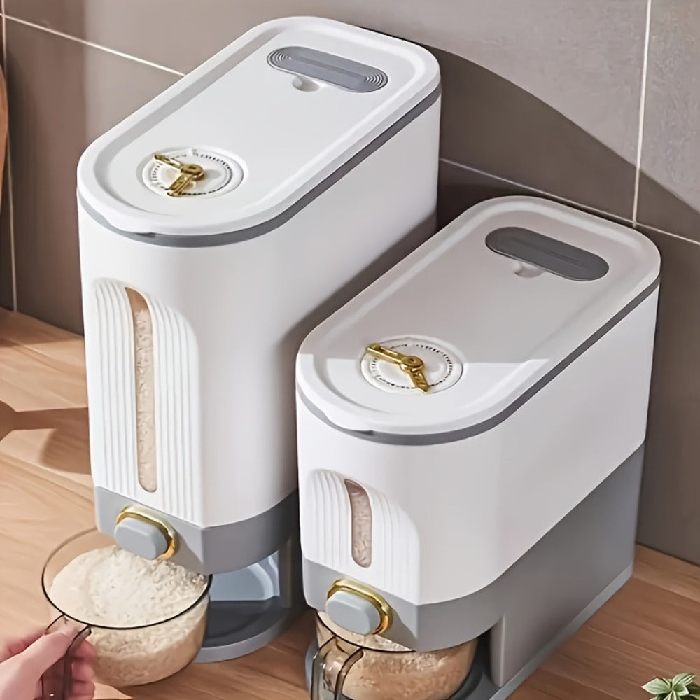 Rice Dispenser with Top-Fill Bin, Measuring Cup and 11 lb or 22.05 lb Gray and White Options