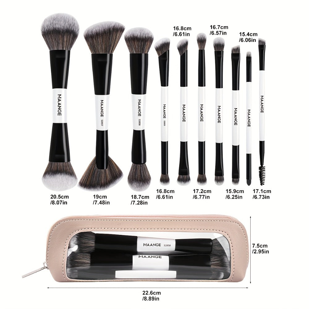 Makeup Brush Set, 10-Piece Double-Ended Nylon Bristle Collection with Cosmetic Bag and Three Color Options