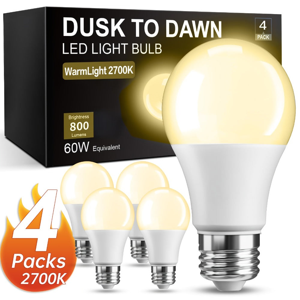 Dusk to Dawn LED Bulbs 4 Pack Auto On Off Light Sensor – 9W 60W Equivalent E26 Base 2700K Warm White for Porch Garage Pathway Outdoor
