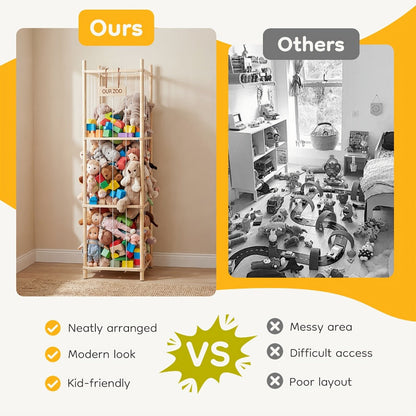 Four-Tier Stuffed Animal Storage Organizer with Rectangular Open Frame in Natural, White or Pink