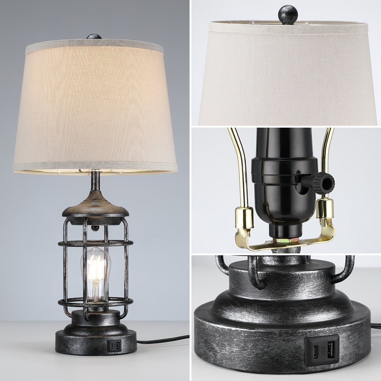 Farmhouse Table Lamps Set of 2 with 4 LED Bulbs for Entryways, Bedrooms and Living Spaces, with Listed Configuration