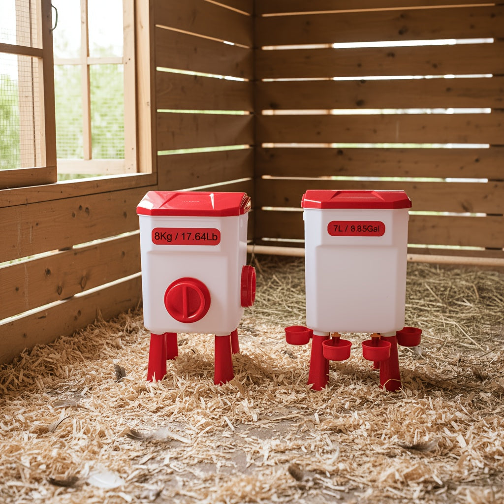Chicken Waterer Float Ball 2 3 Gallon Feeder Combo Set for Garden, Patio and Yard Use, with the Listed Configuration