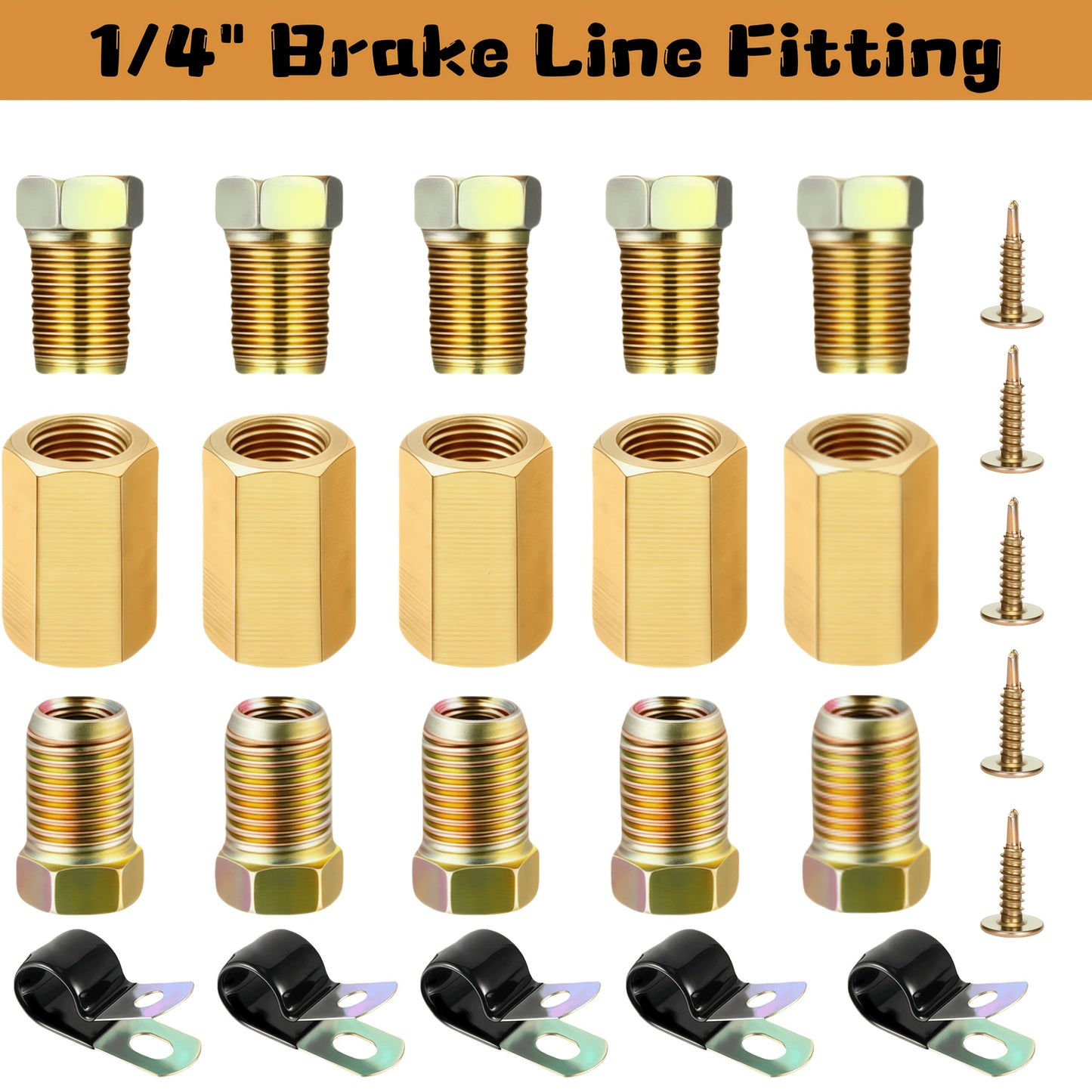 Brake Line Fittings Assortment Kit – 3/16", 1/4", 5/16" & 3/8" Tube Sizes, Inverted Flare Union Connectors, Multiple Thread Sizes